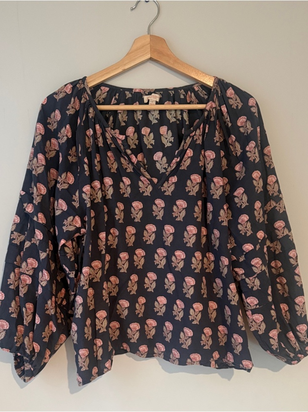 Pink Chicken Navy Peasant Blouse with Pink Floral Print
